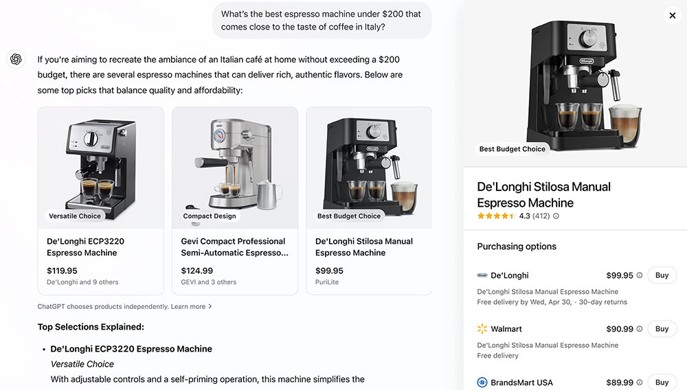 ChatGPT shopping interface showing espresso machine product recommendations with prices and buying options from multiple retailers