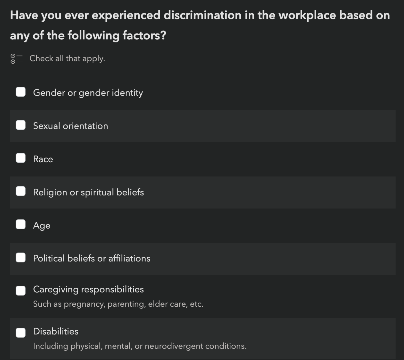 Question: Have you ever experiences discrimination in the workplace based on any of the following factors?