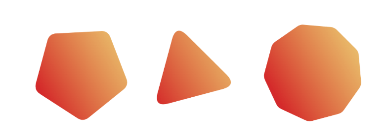 Three rounded polygon shapes, first a pentagon, second a triangle, and third an octagon.