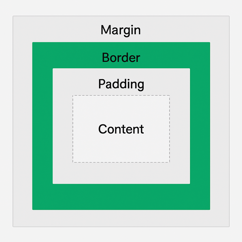 Diagramming the four different box model sizing properties with border highlighted in green.