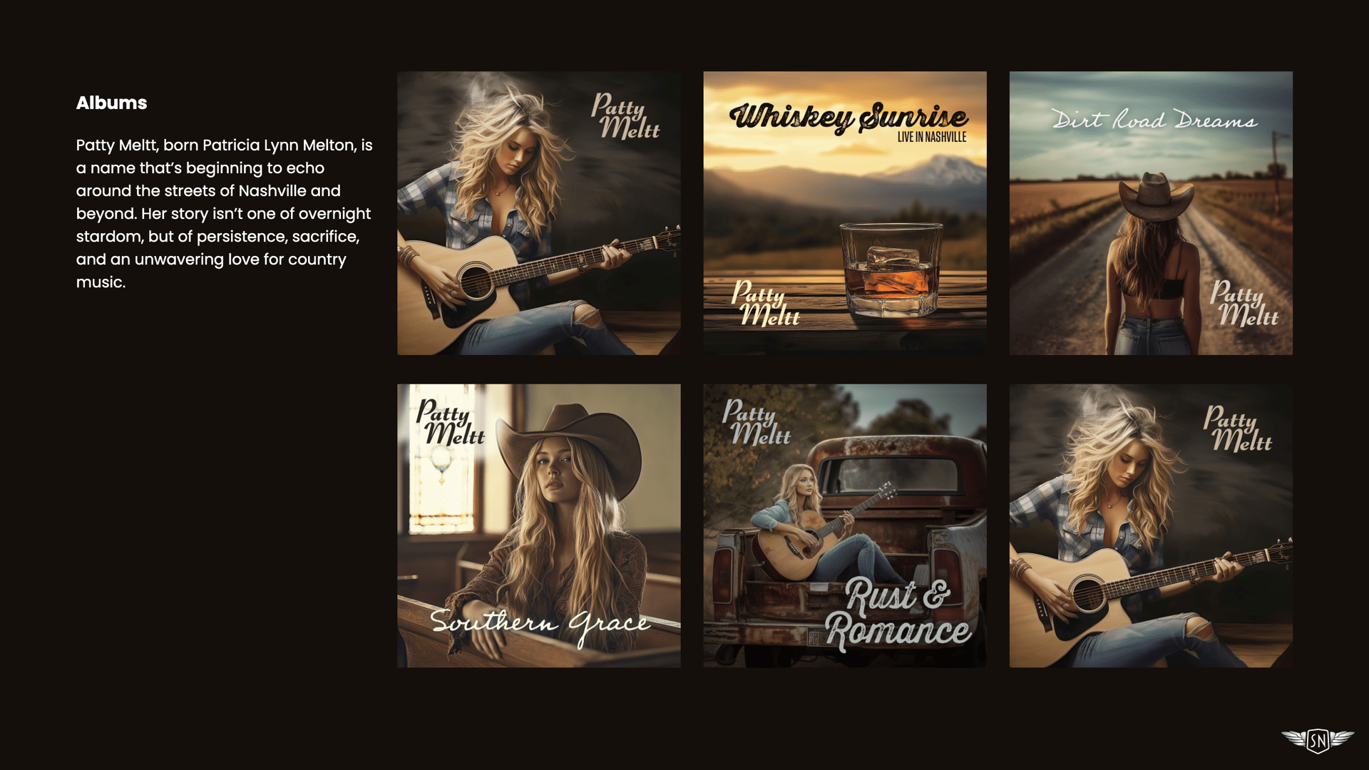 Six album covers arranged in a three-by-two grid next to a column of text on the left. Four columns total.