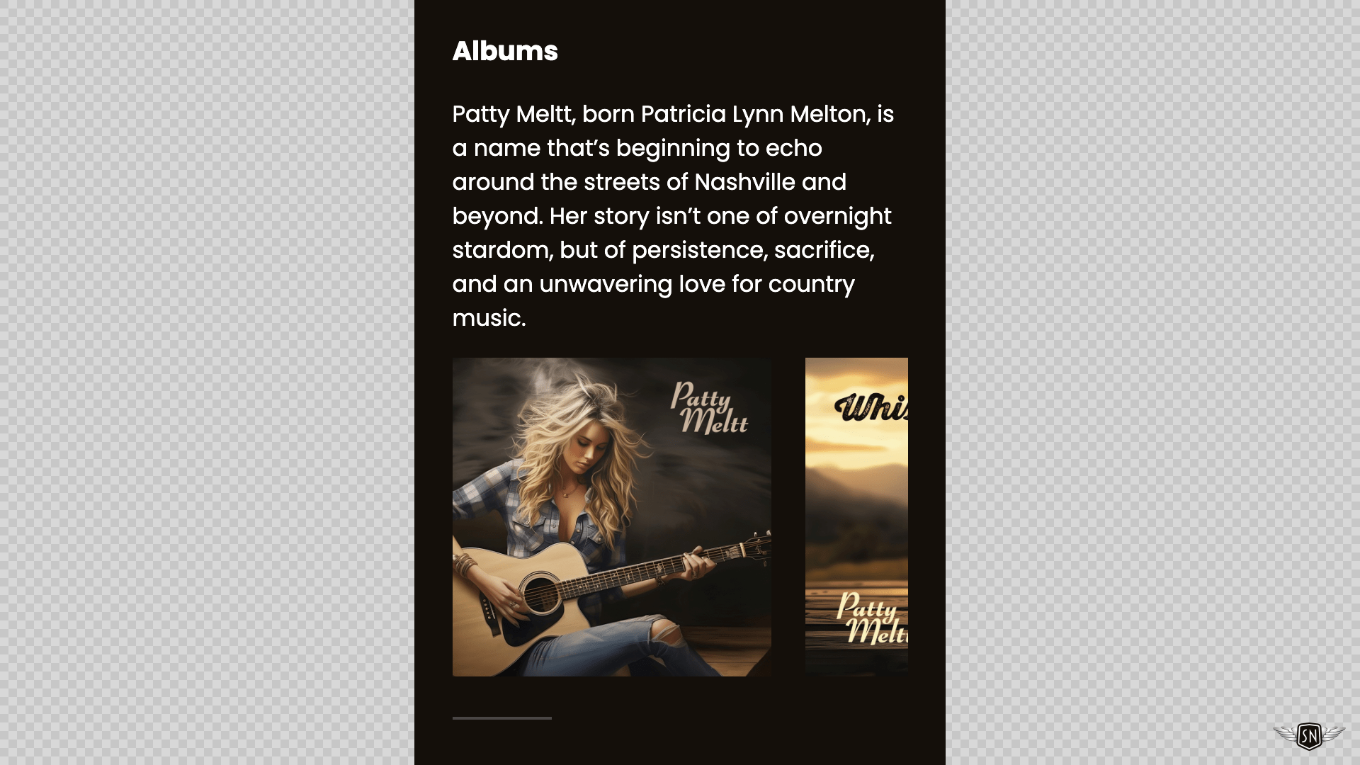 A paragraph of text above a series of albums covers arranged in a single row, overflowing the screen for scrolling.