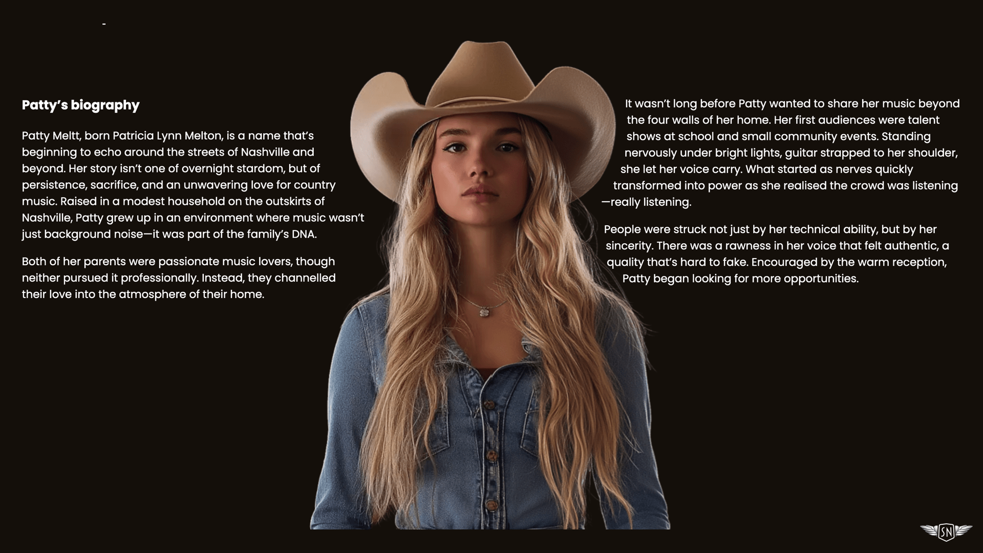 Patty Meltt staring straight into the camera in between two columns of text.