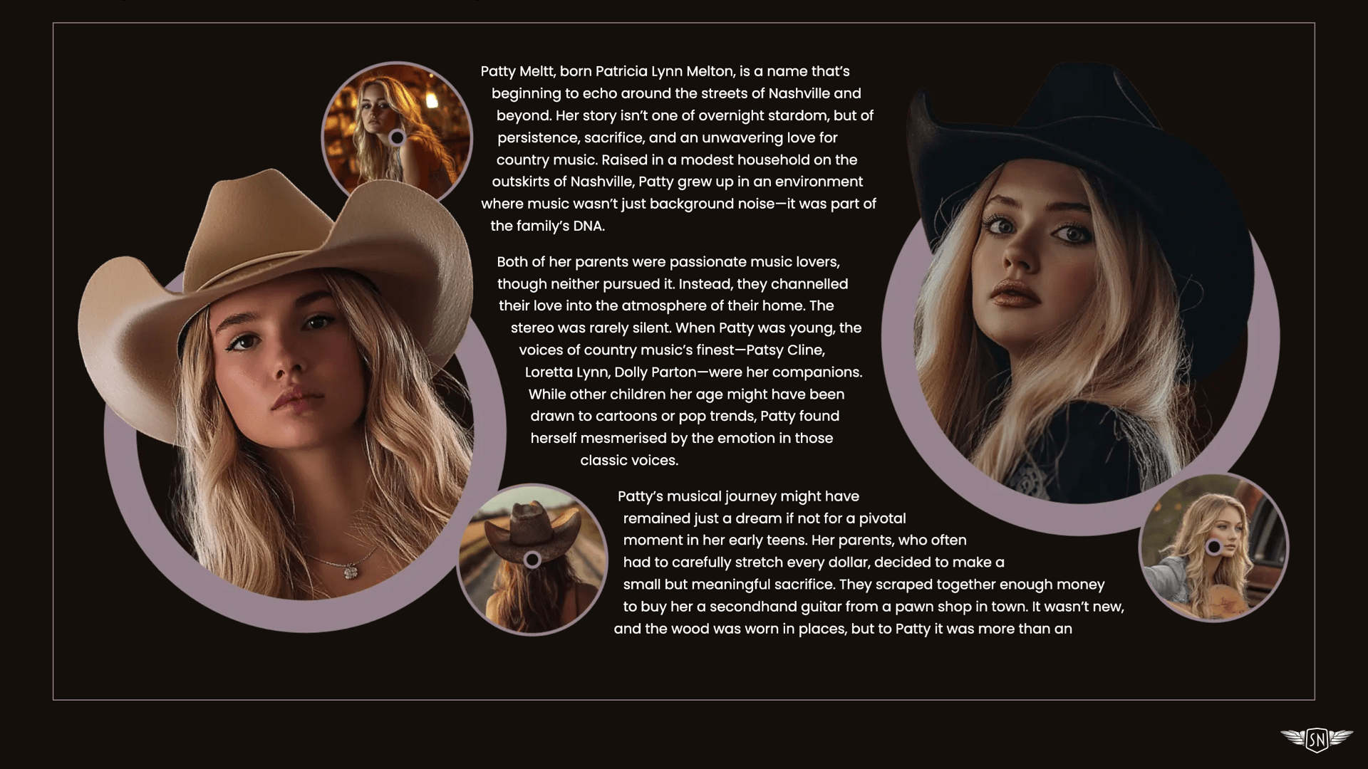 A desktop layout showing a column of text in between two columns of differently-sized and shaped images.