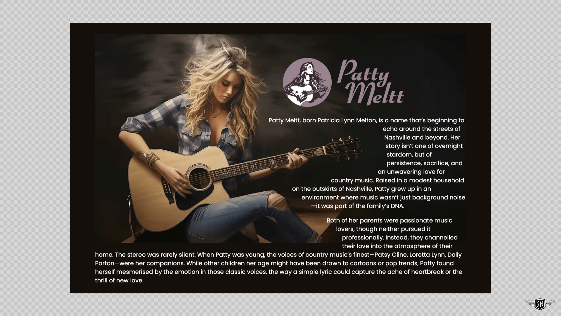A desktop layout showing a picture of Patty Meltt sitting and playing an acoustic guitar as text flows around the shape of the image on the right.