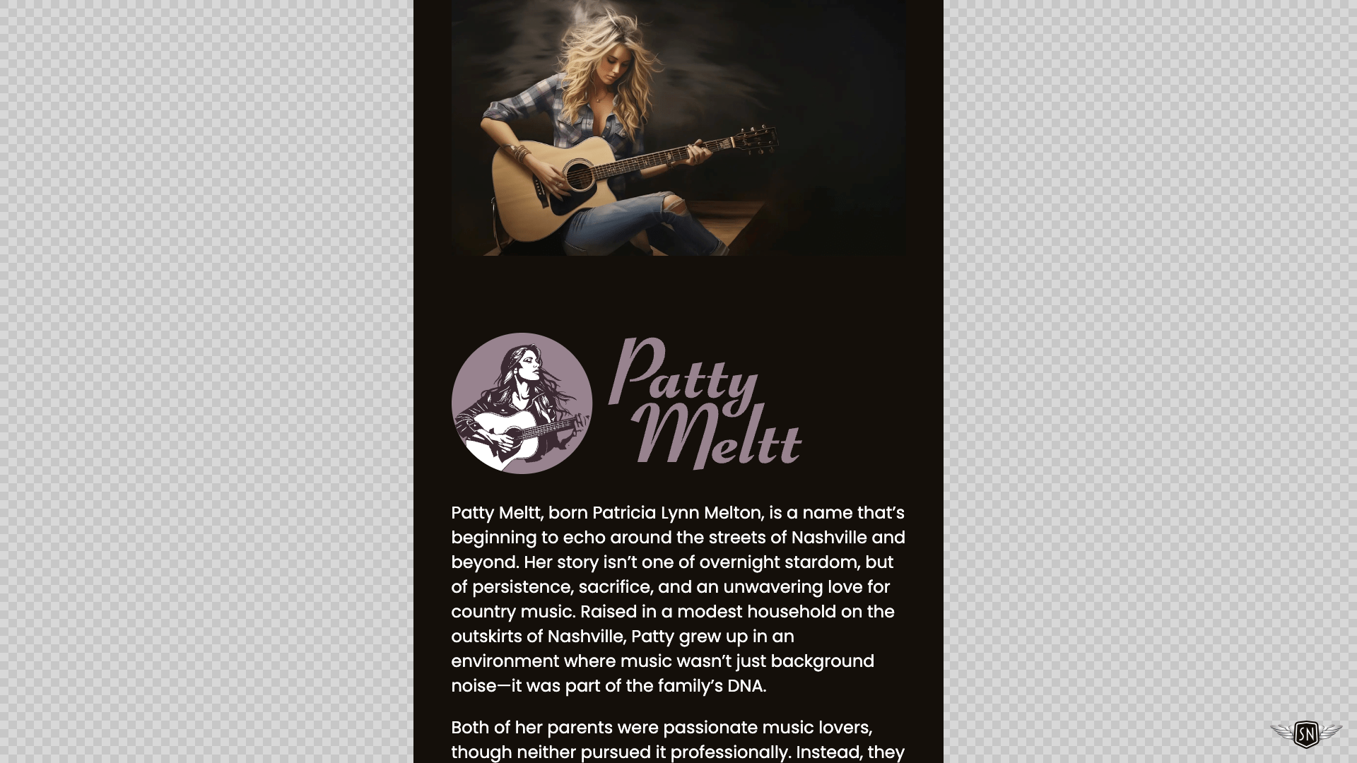 Image of Patty Meltt sitting and playing an acoustic guitar above a column of text.
