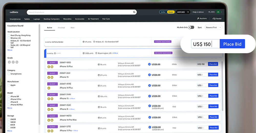 Callisto marketplace interface with refurbished smartphone listings and bidding options