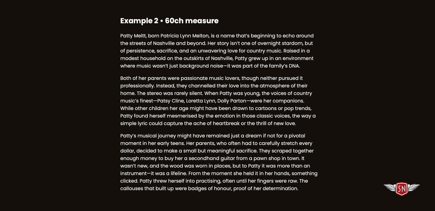 A heading and three paragraphs of text in a white contained in a narrow column against a black background.