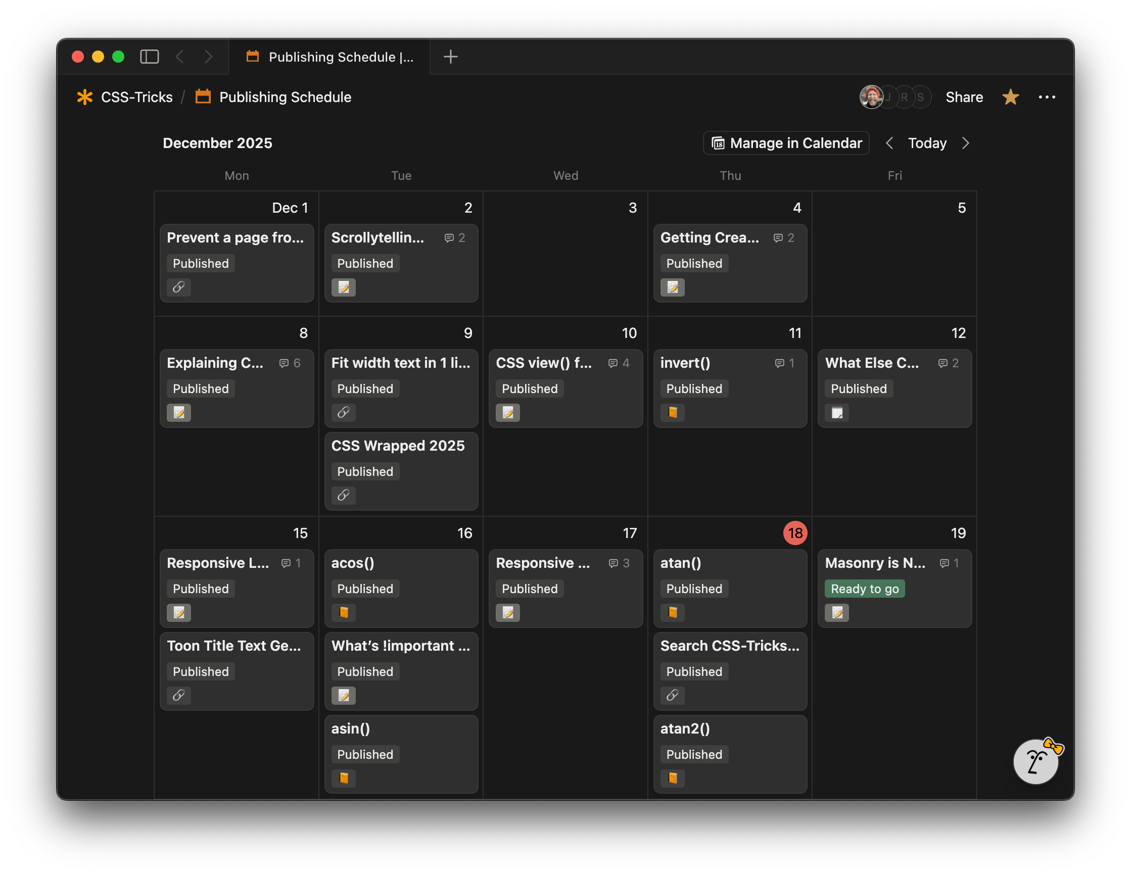 The CSS-Tricks publishing schedule for December 2025 in calendar format in Notion.
