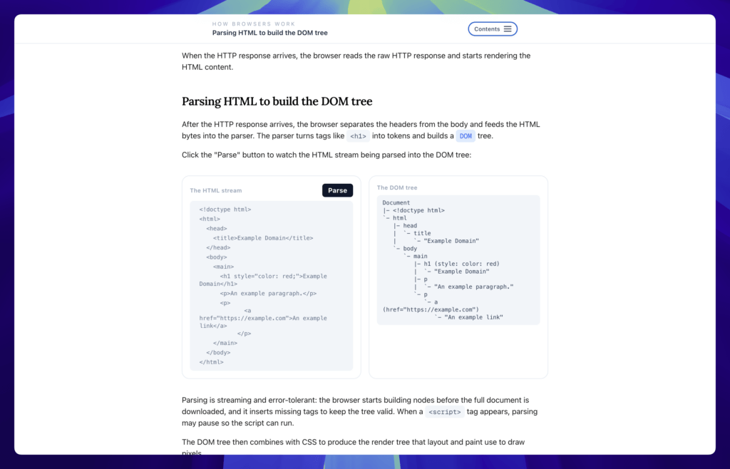 A diagram showing the HTML parsing process with a code example on the left and the resulting DOM tree structure on the right.