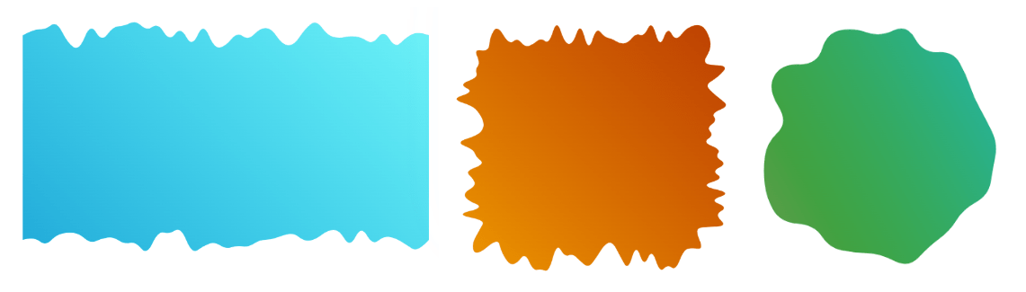 Three rectangular shapes with jagged, non-creating edges. the first is blue, then orange, then green.