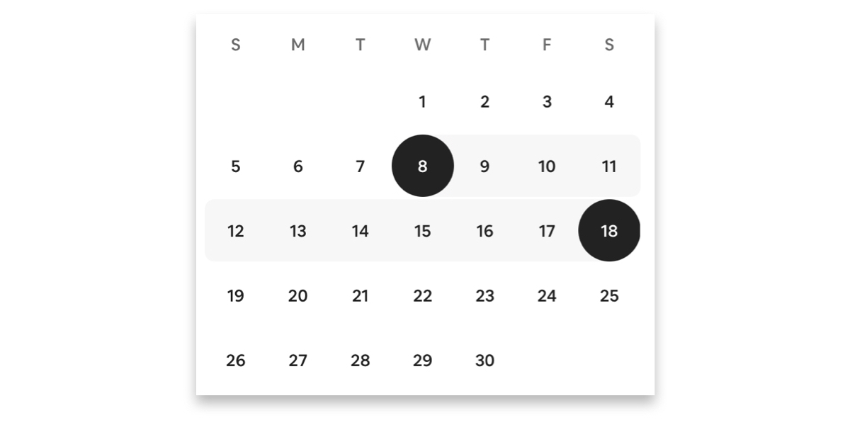 A calendar month layout with the dates 8 and 18 selected with black backgrounds.