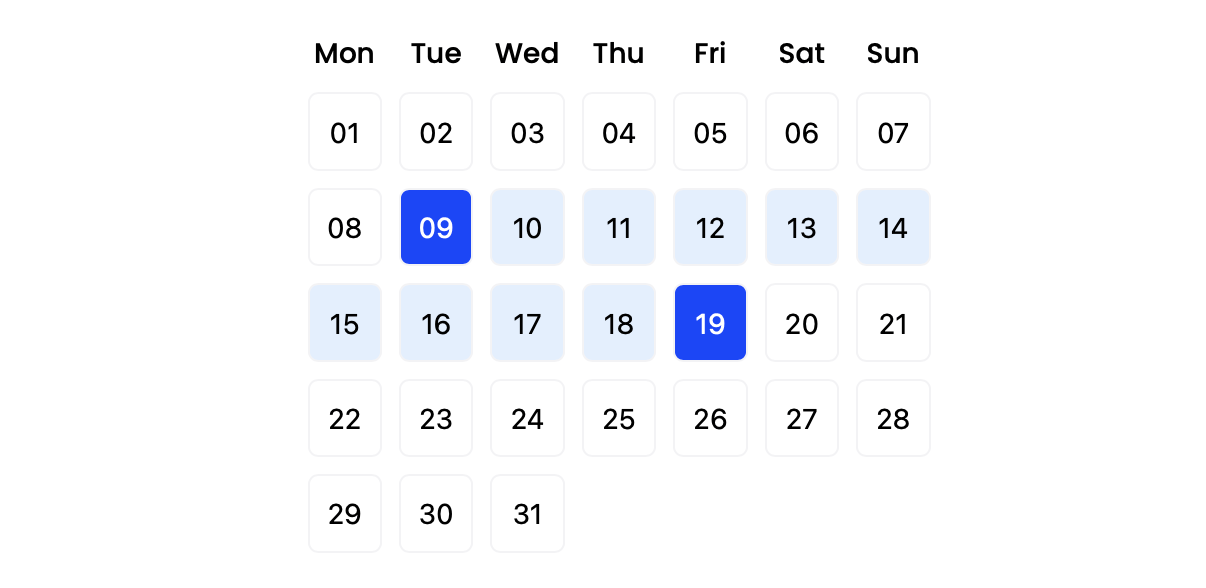 A calendar month layout with the dates 9-29 selected. 9 and 19 have a dark blue background and the dates between are light blue.