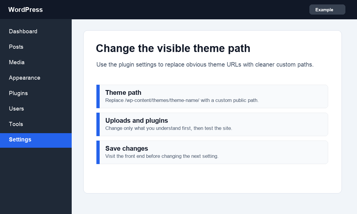 Screenshot showing example theme path hiding settings in WordPress
