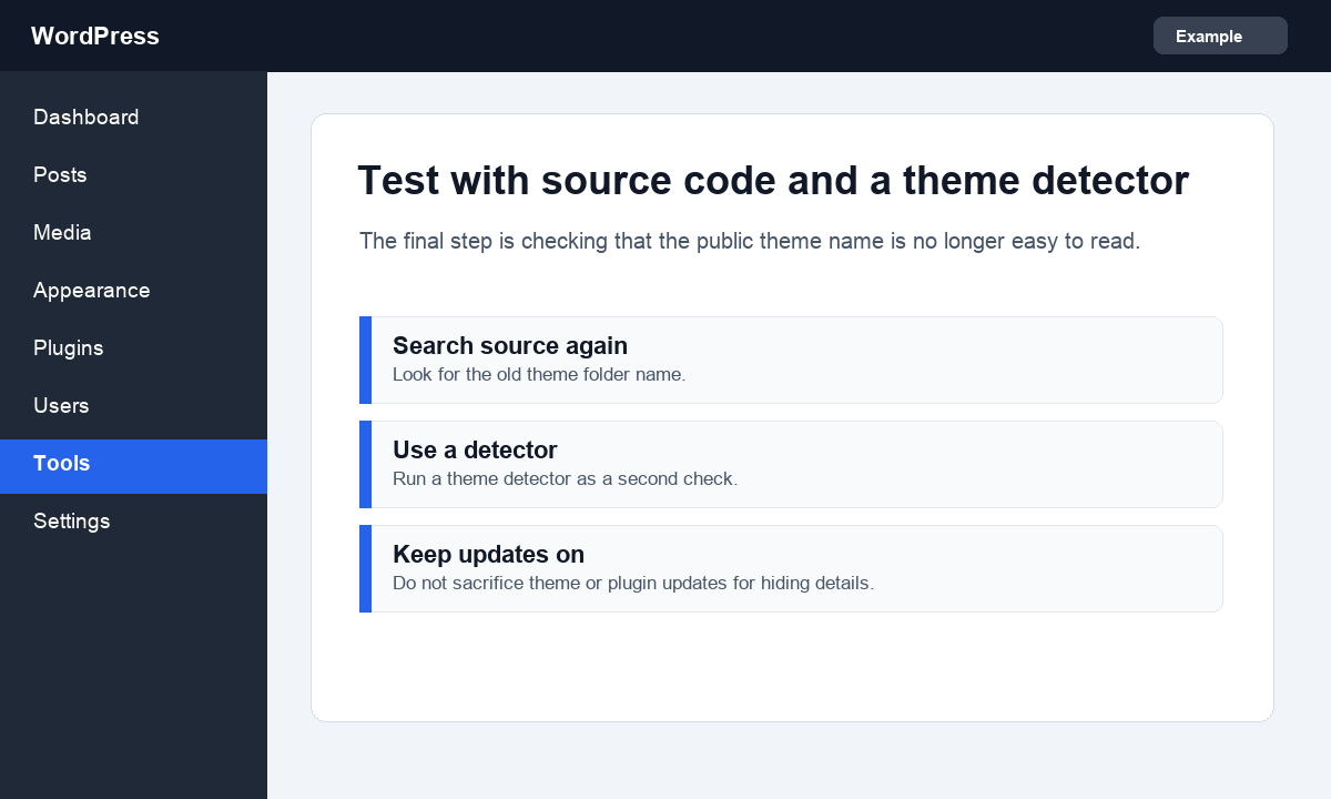 Screenshot showing source code and theme detector checks after hiding theme details