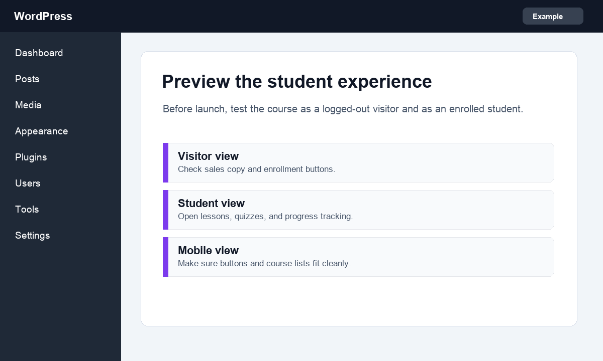 Screenshot showing student preview checks for a LearnDash Elementor course website