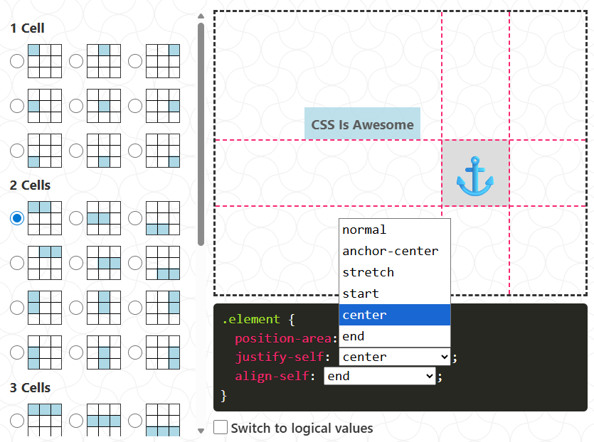 The UI for an interactive demo that places a label that says CSS is Awesome around different sides and edges of an anchor icon with controls to change that position and generate the CSS code for it.
