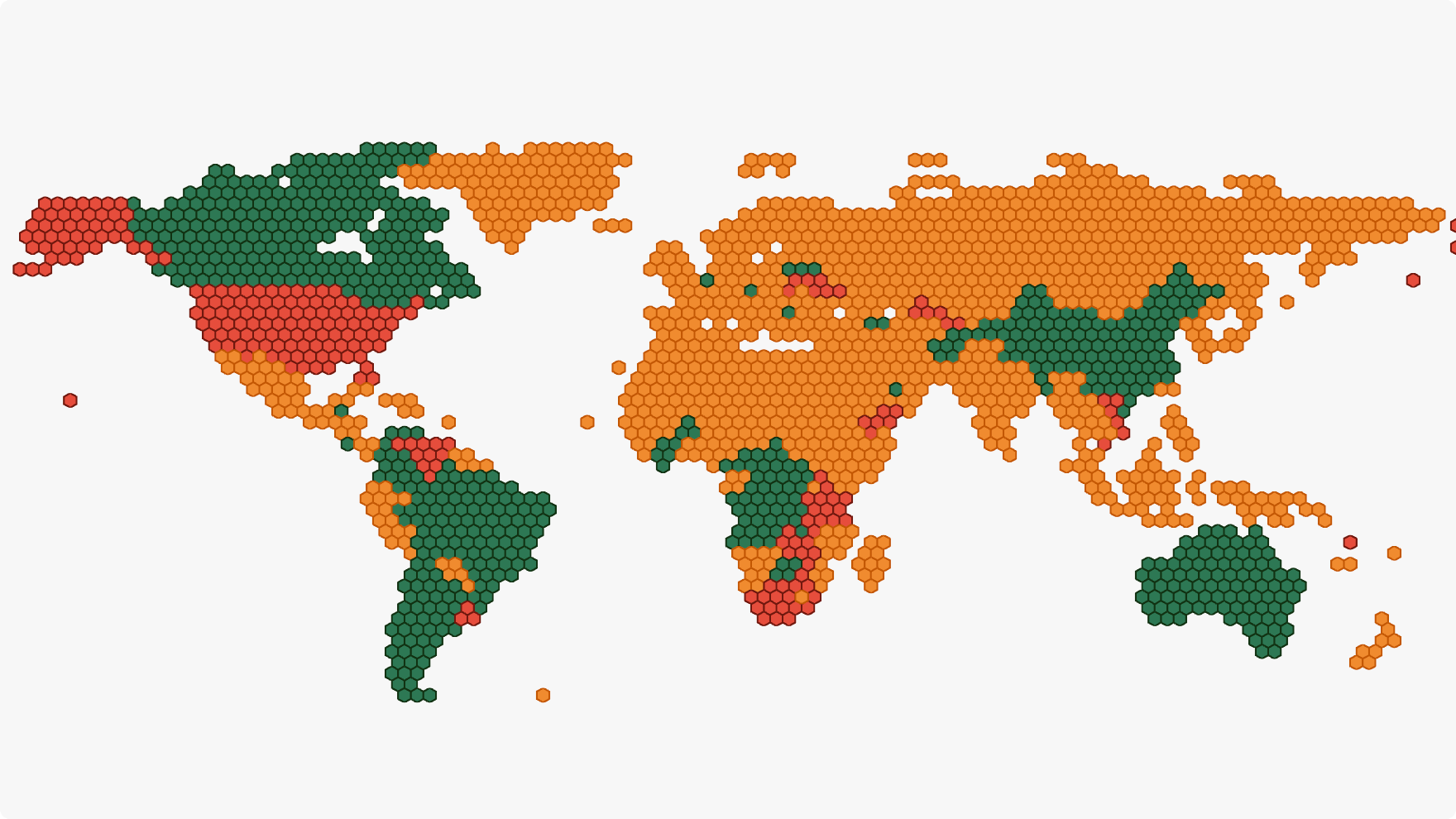 A world map composed of small hexagons colored in orange, green, and red.