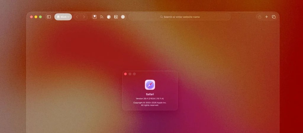 A Safari browser window on macOS showing an About Safari dialogue box with a translucent red and orange noise filter.