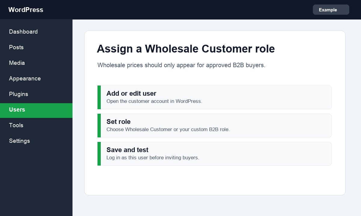 Screenshot showing a Wholesale Customer role in WordPress users