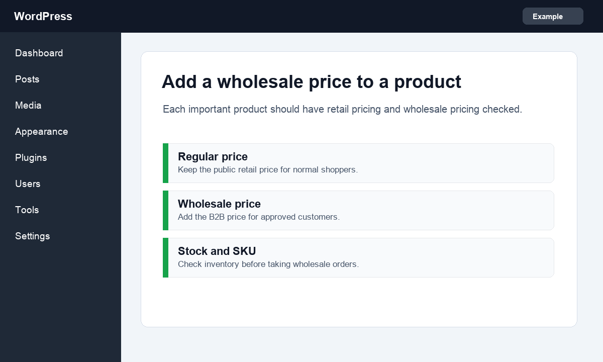 Screenshot showing wholesale price fields on a WooCommerce product