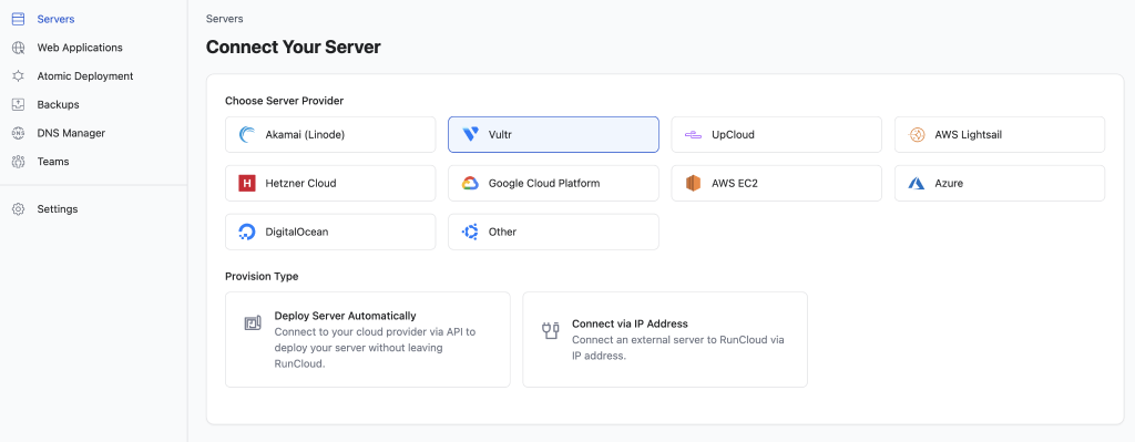 RunCloud server deployment dashboard