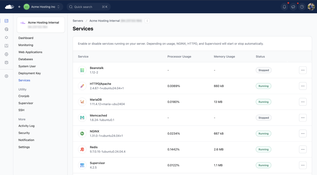 RunCloud services dashboard as plesk alternative