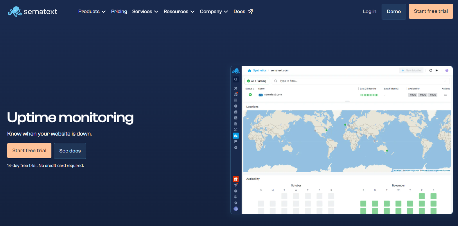 Sematext uptime monitoring page showing global monitoring locations and website availability data.
