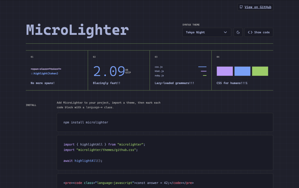 A web page for MicroLighter, displaying feature highlights and installation instructions.